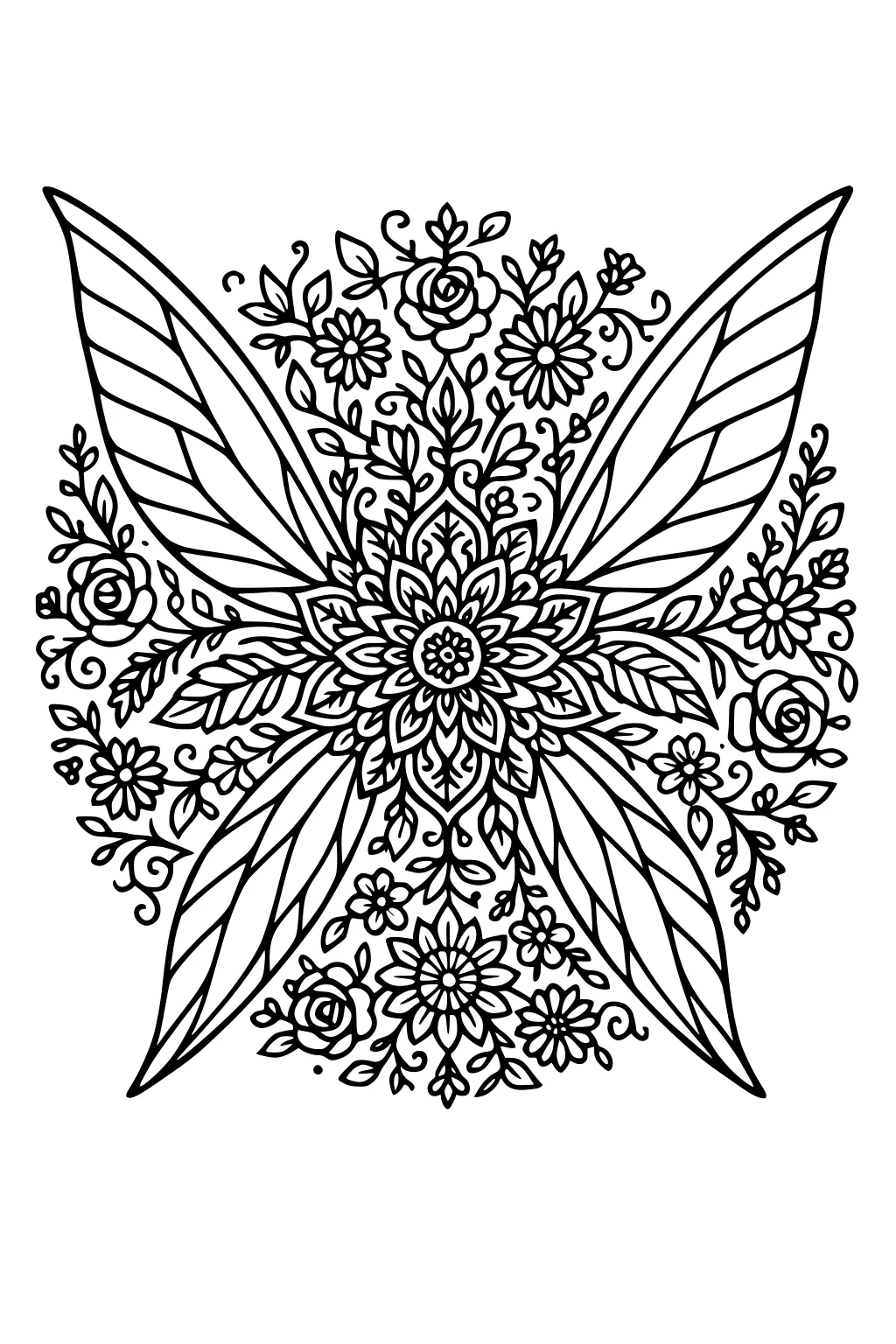Symmetrical fairy wings made of layered leaves and flowers around a central blossom, with vines, roses, and small daisies.