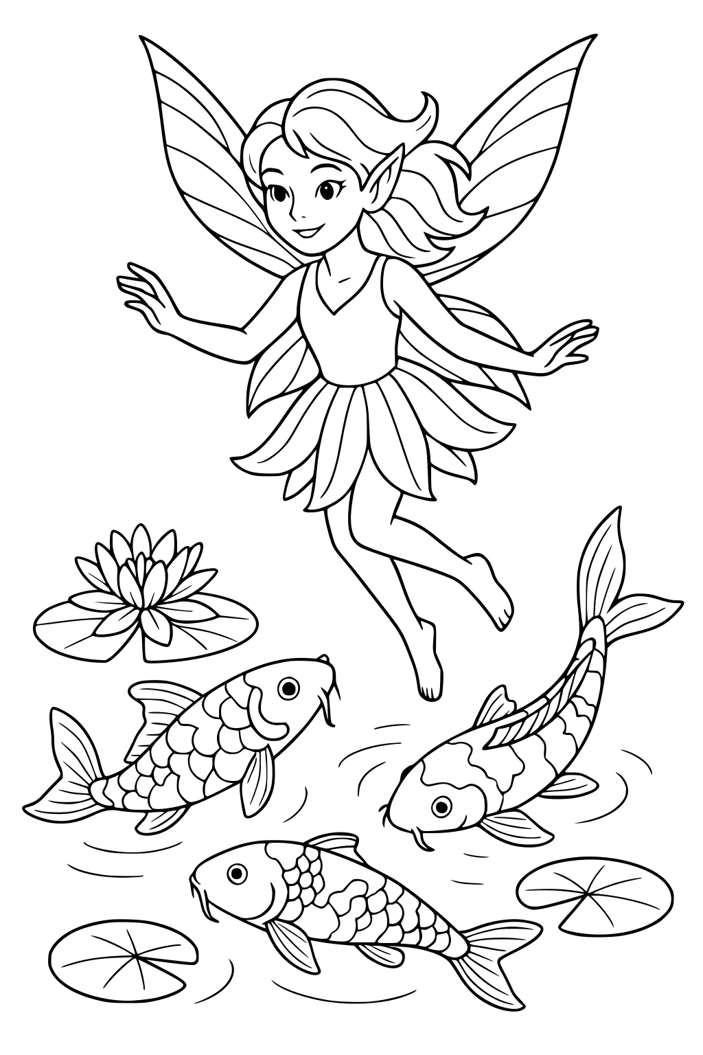 Smiling fairy girl with striped wings hovers over a koi pond with three fish, lily pads, and a blooming water lily.