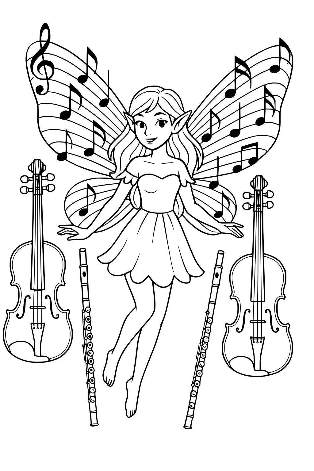 Fairy girl with music-note wings floats between two violins and two flutes; treble clef and notes decorate her large wings.