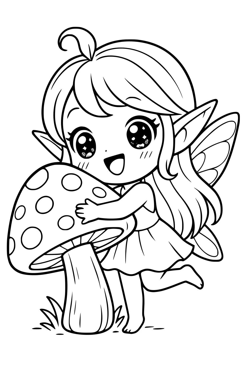 Smiling fairy girl with wings hugging a large spotted toadstool, one foot raised, sparkly eyes, grass at base, simple dress and elf ears.