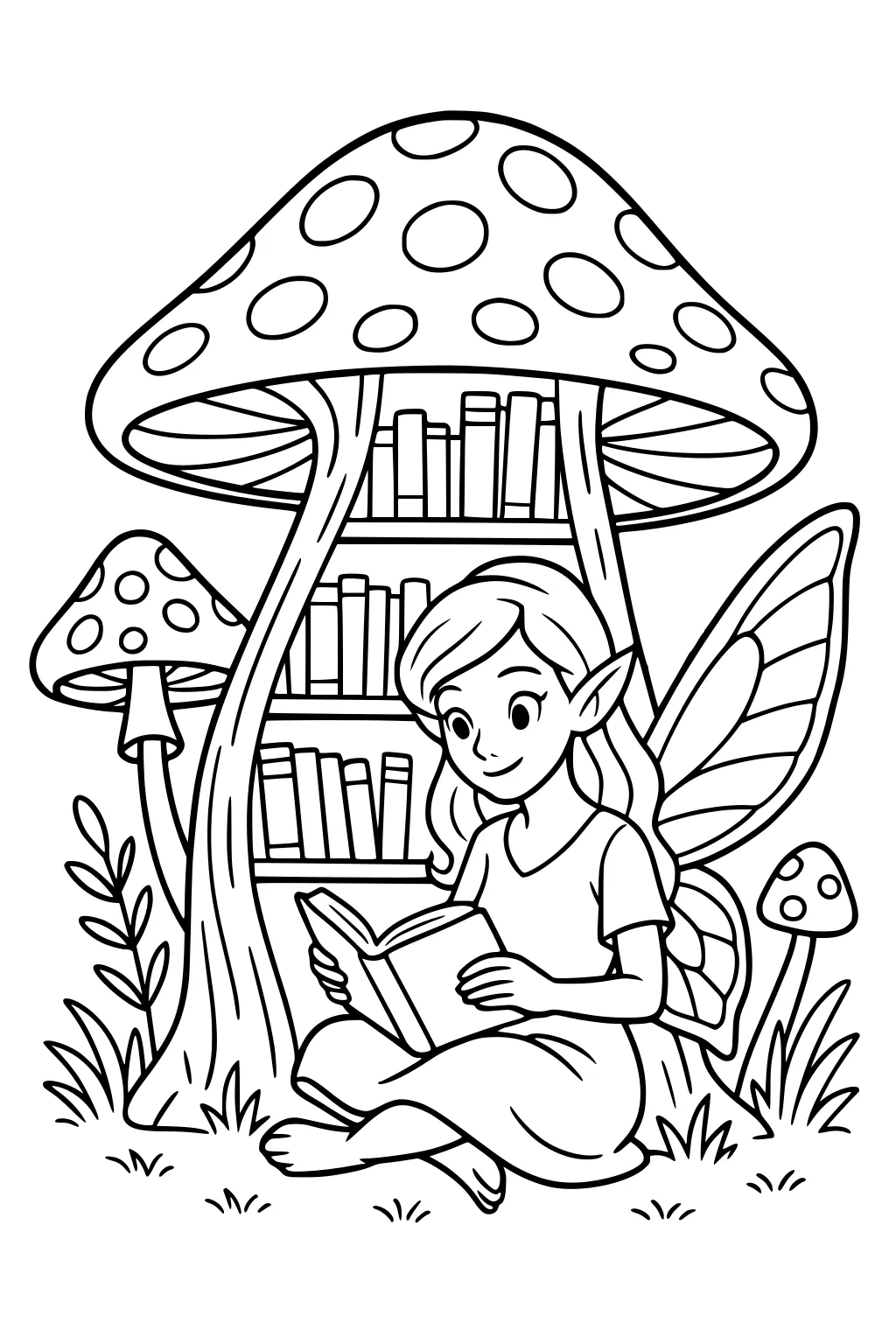 Fairy girl reads under a big spotted mushroom library with bookshelves, wings folded, with grass and small mushrooms around.