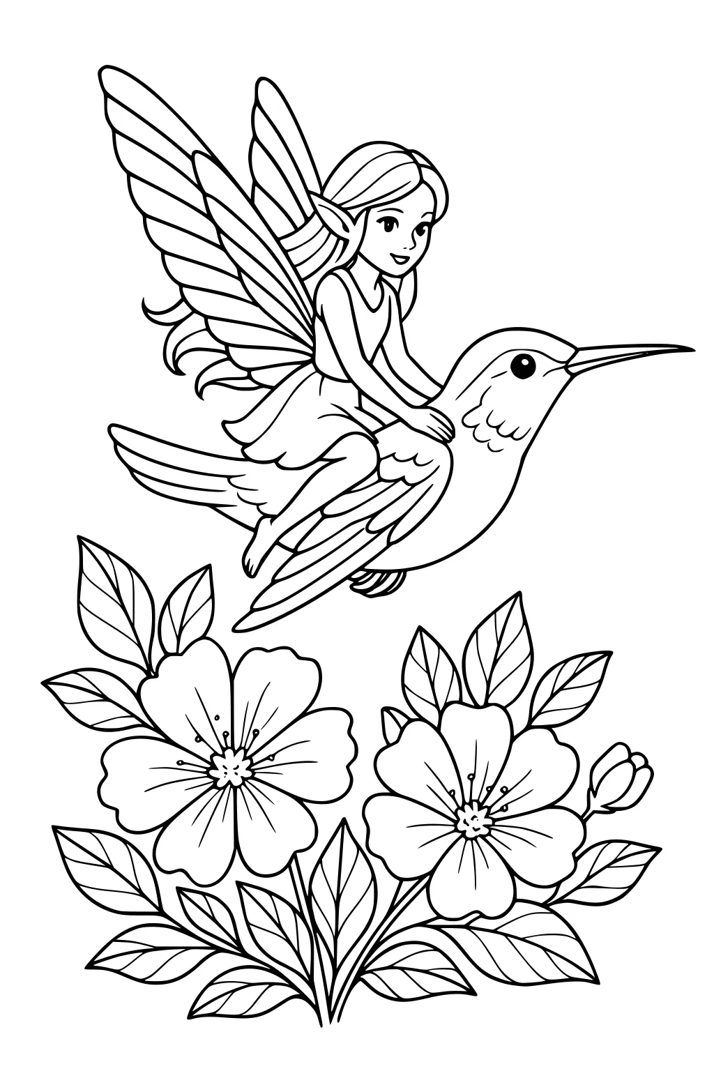 Fairy girl riding a hummingbird above large blossoms and leafy stems.
