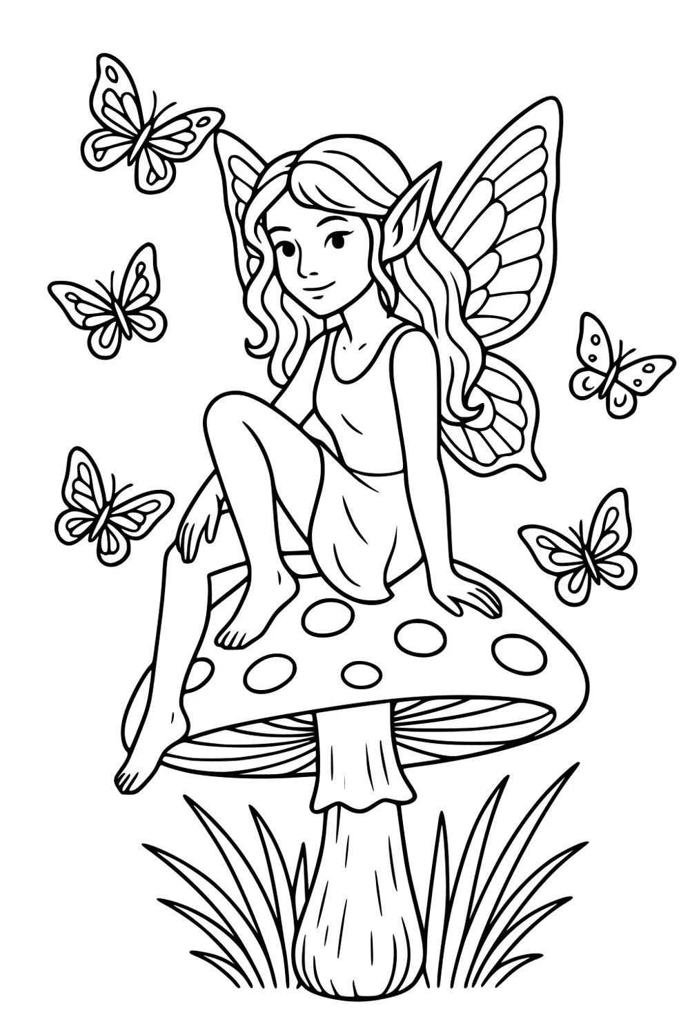 Fairy girl with large wings sitting barefoot on a spotted mushroom, surrounded by five butterflies, with grass at the base.