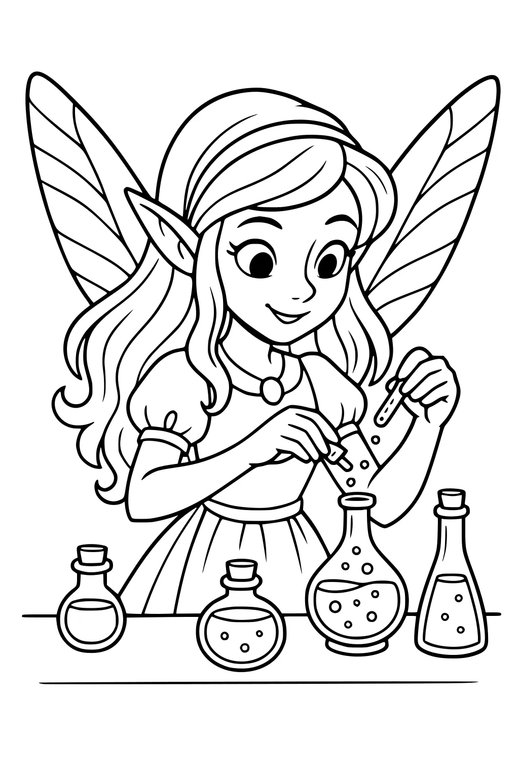 Smiling fairy girl with wings drops liquid from test tube into bubbling flask on table with four potion bottles.