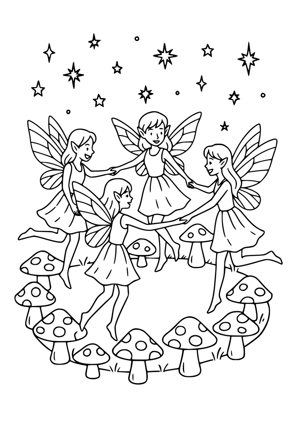 Four fairy girls dance hand in hand inside a ring of spotted mushrooms under a starry sky, wings spread and dresses swishing.