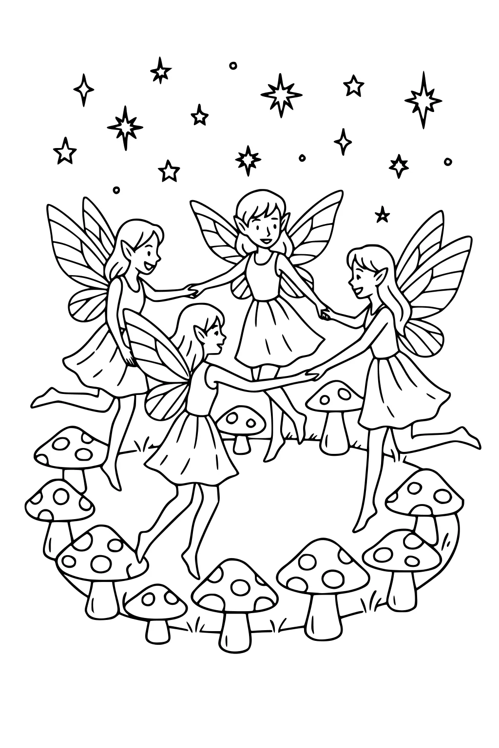 Four fairy girls dance hand in hand inside a ring of spotted mushrooms under a starry sky, wings spread and dresses swishing.