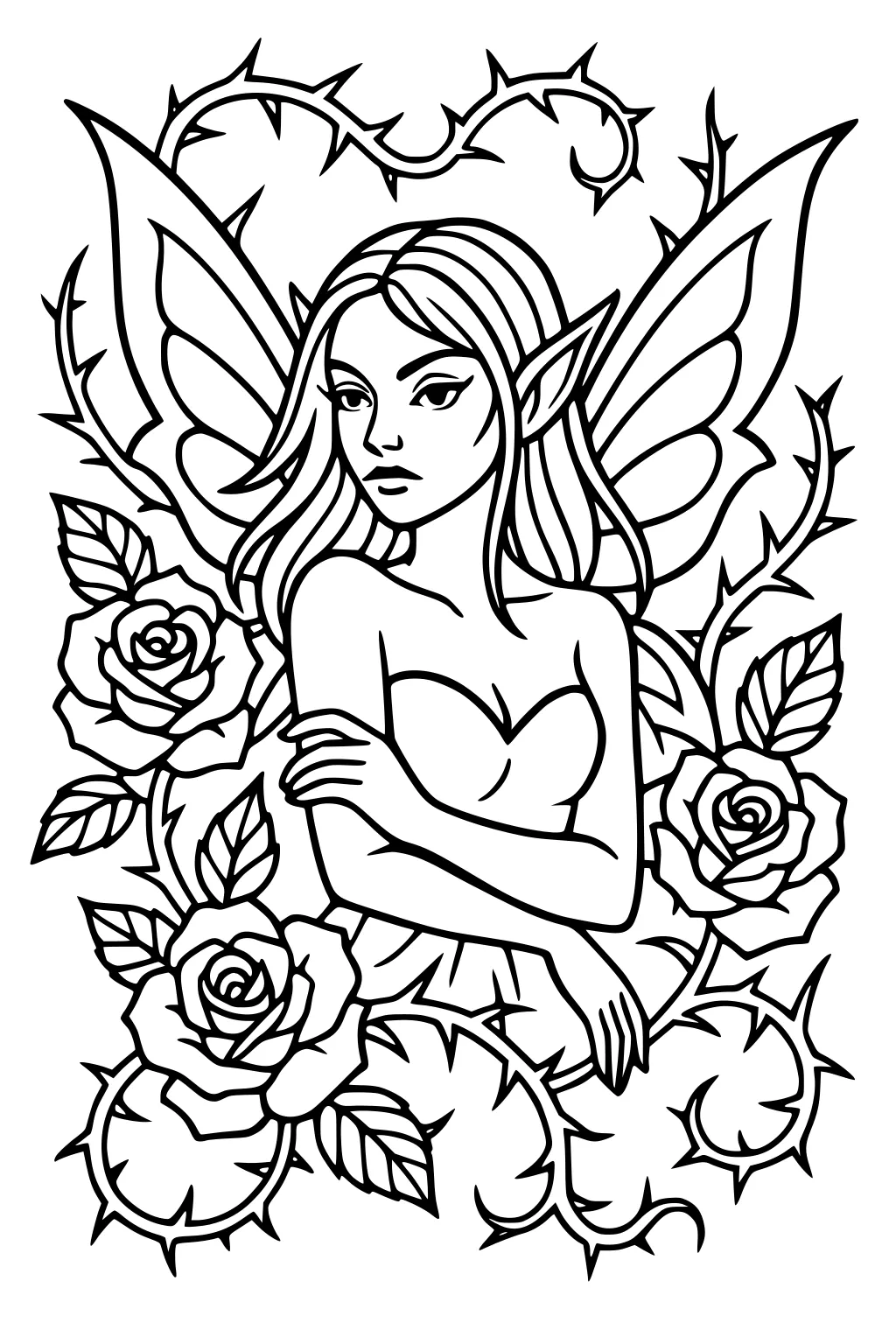 Fairy girl with pointed ears and butterfly wings among roses and thorny vines, arms folded over chest, long hair, line art.