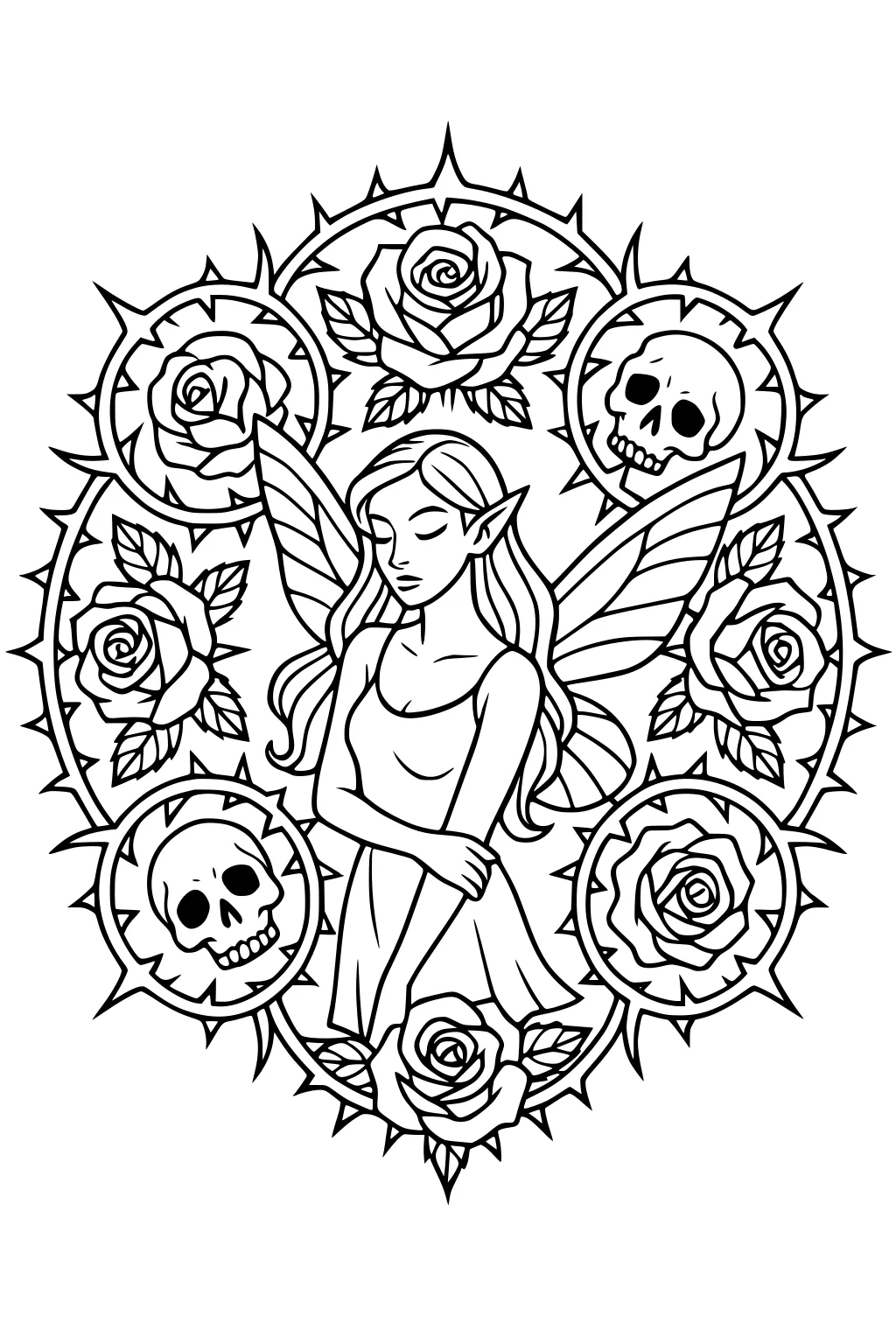 Fairy girl with wings in a thorny circle, roses and small skulls arranged around her in symmetrical line art.