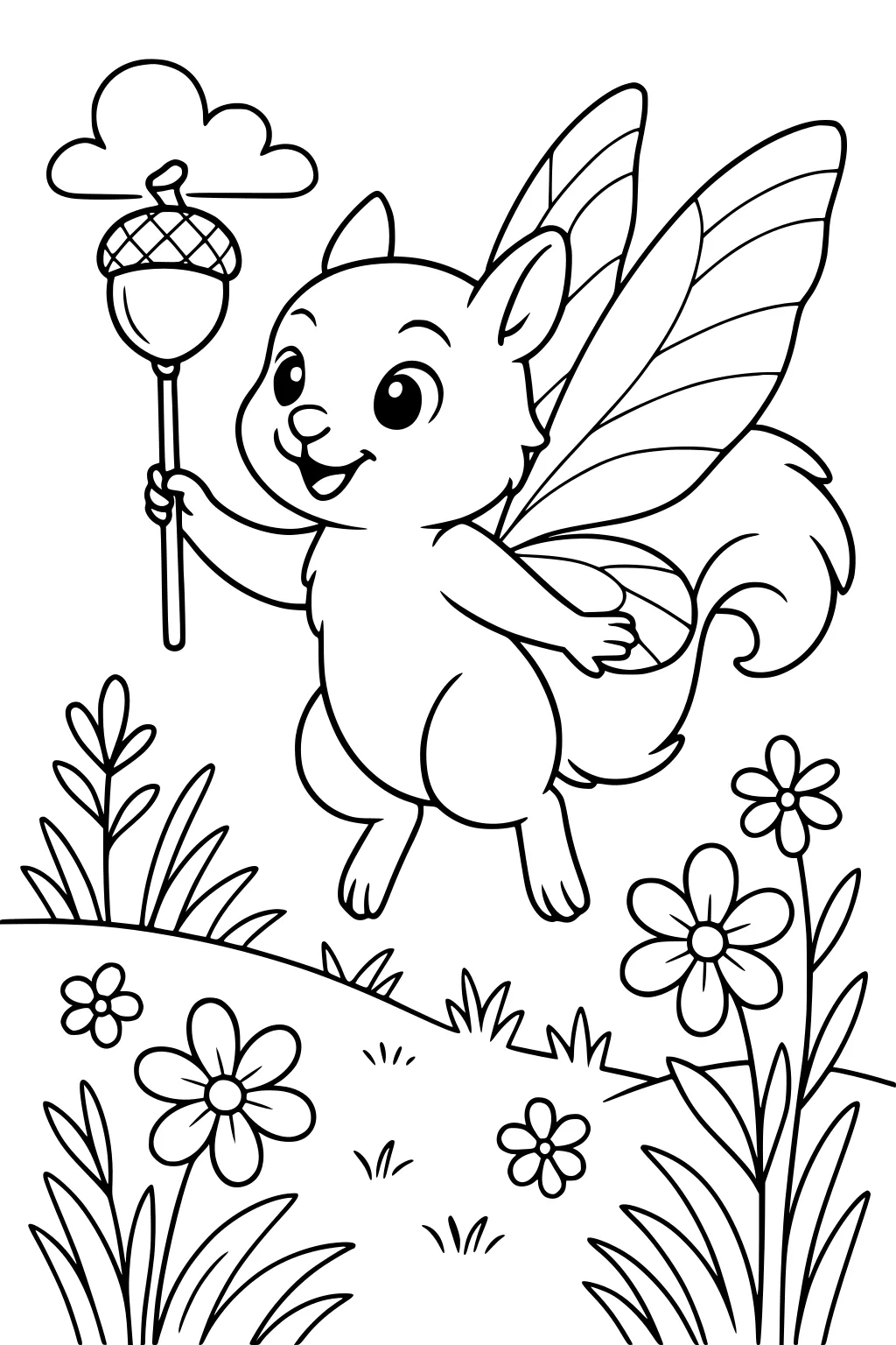 Squirrel with large wings and a magic acorn wand flying above a flower-filled hill.
