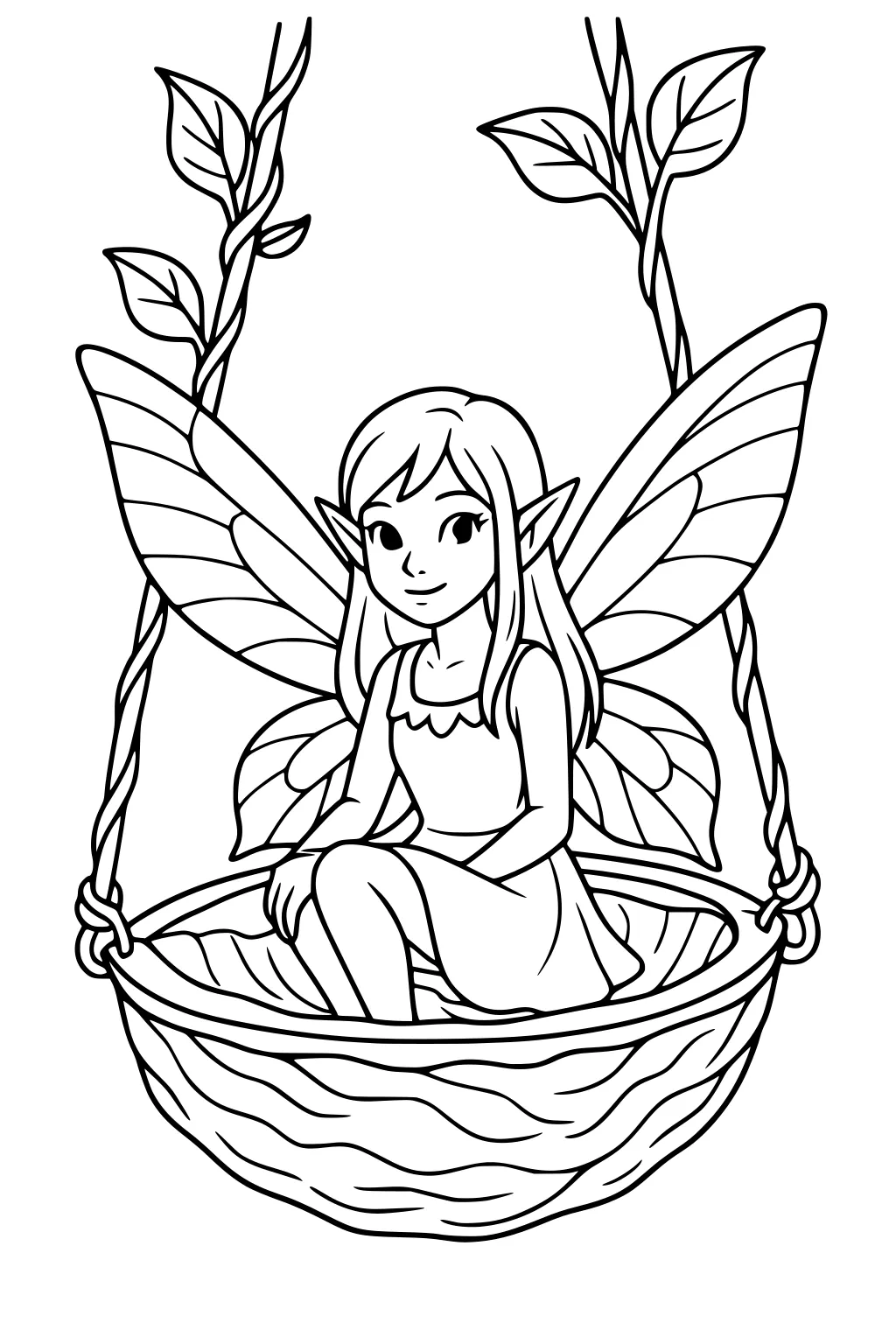Fairy girl with butterfly wings sitting in a walnut shell swing hung by leafy vines, smiling and wearing a simple dress.