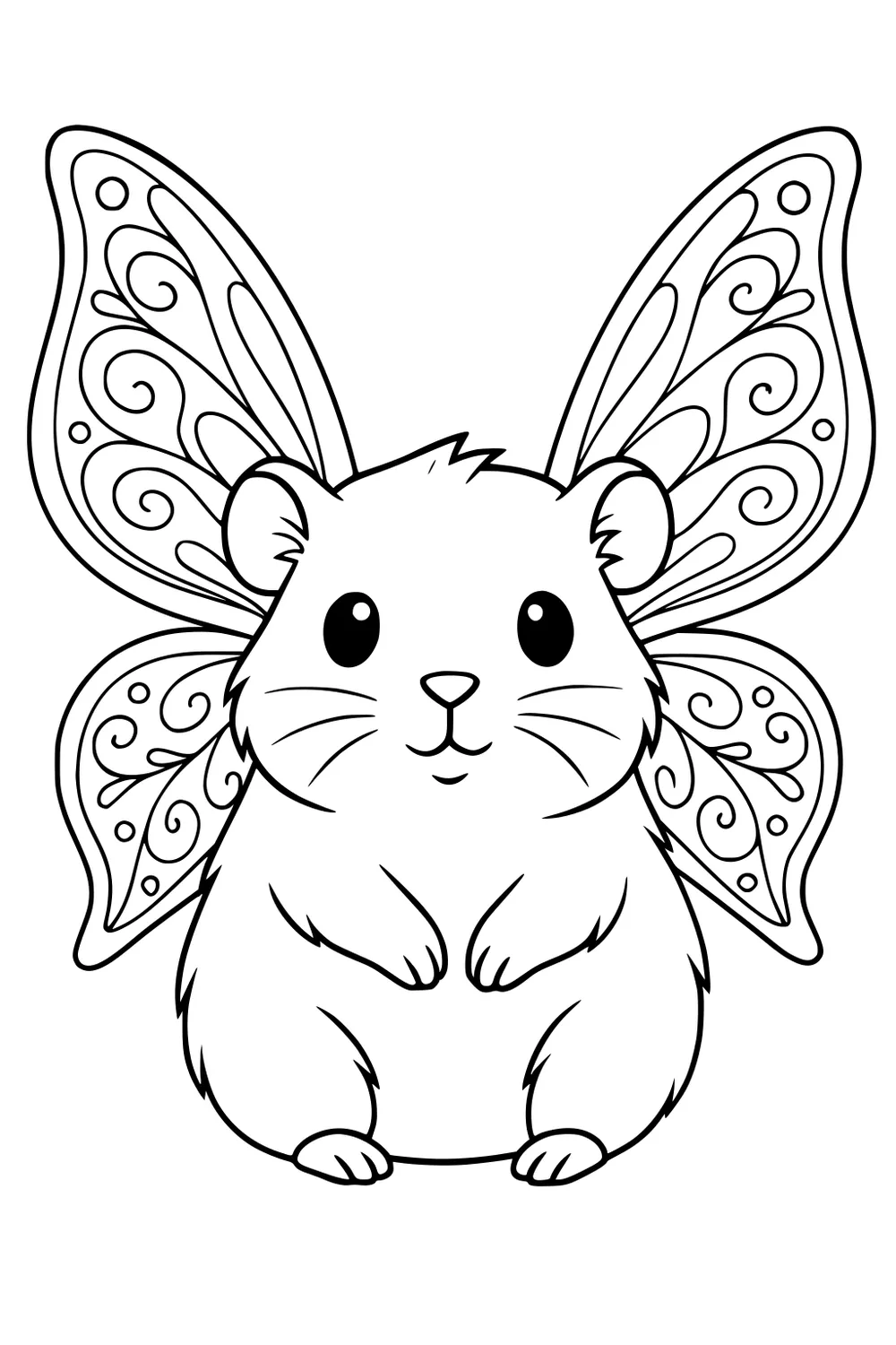 Guinea pig sitting upright with big butterfly wings covered in swirls and patterns.