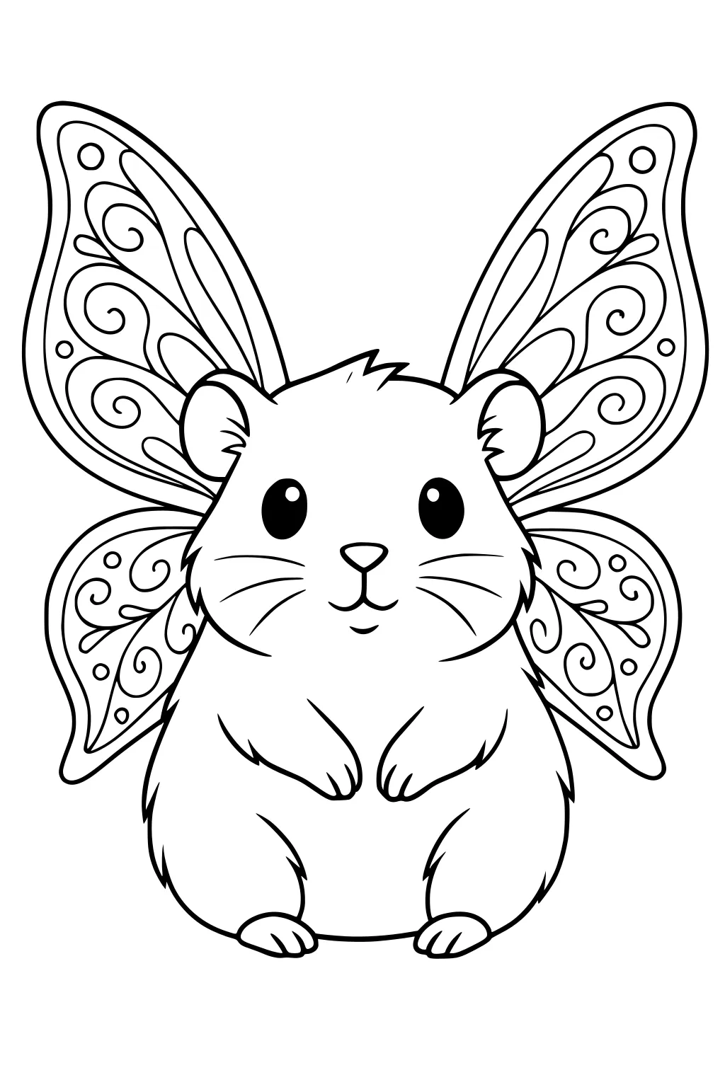 Guinea pig sitting upright with big butterfly wings covered in swirls and patterns.