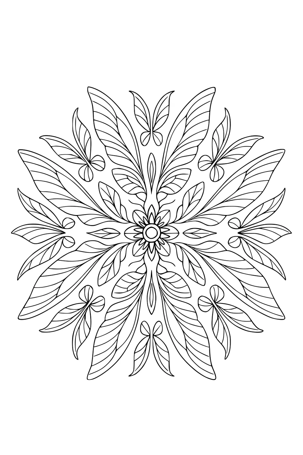 Circular floral mandala with central flower, layered fairy-like wings, leaves, and small butterflies arranged around the circle.