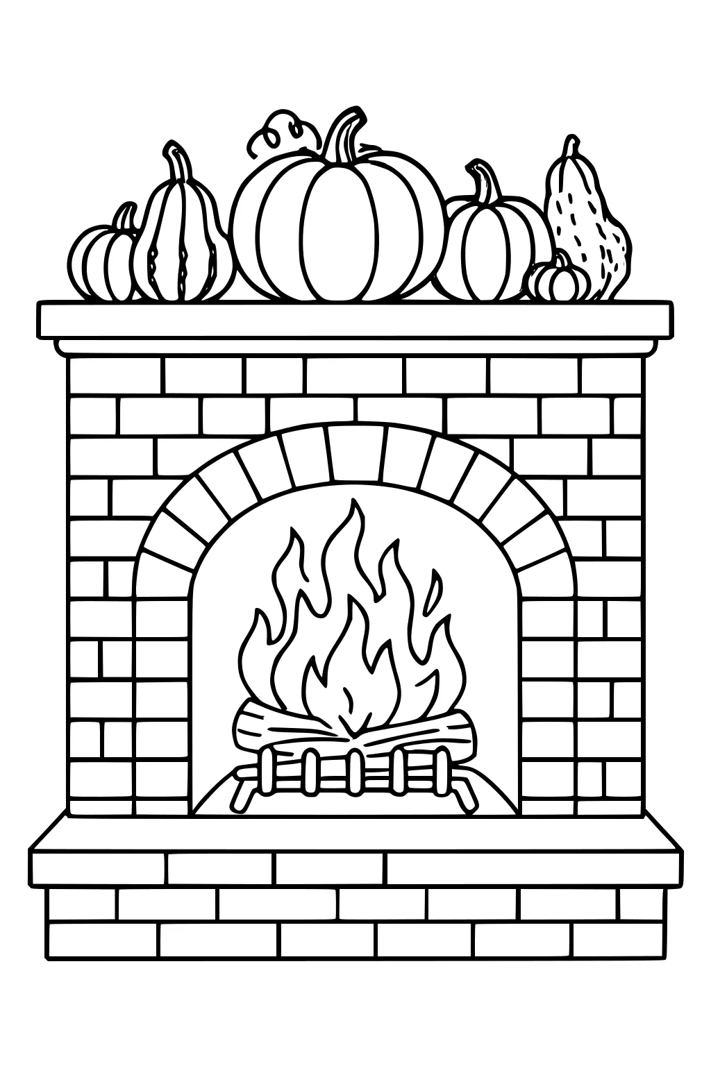 Brick fireplace with arched opening, burning logs and flames, pumpkins and gourds on the mantel for a cozy fall Thanksgiving scene.