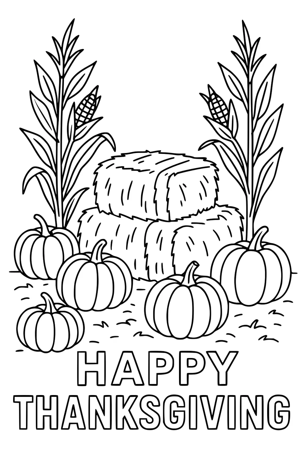 Thanksgiving harvest with two stacked hay bales, five pumpkins, and tall corn stalks, with HAPPY THANKSGIVING text below.