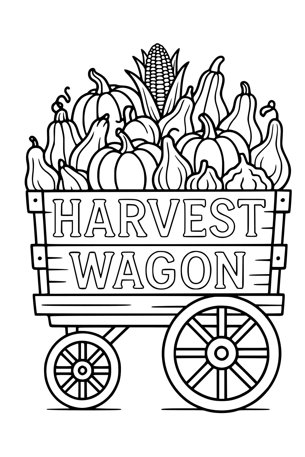 Wooden harvest wagon filled with pumpkins, gourds, and corn, with big spoked wheels and the words HARVEST WAGON on the side.