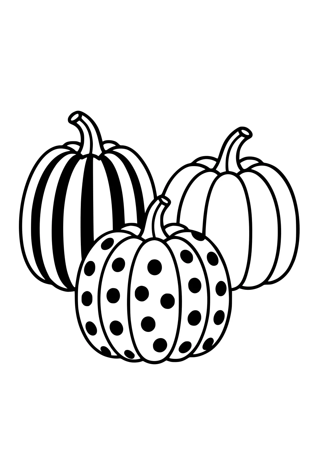 Three pumpkins: front covered in polka dots, left with bold vertical stripes, right plain with curved ribs and curly stems.