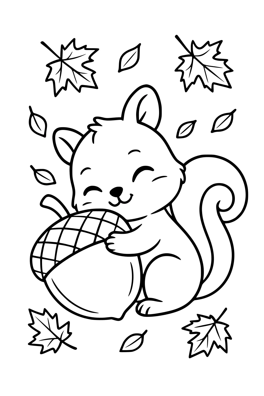 Smiling cartoon squirrel hugging a giant acorn with a crisscross cap, curled tail, and falling maple leaves around it.