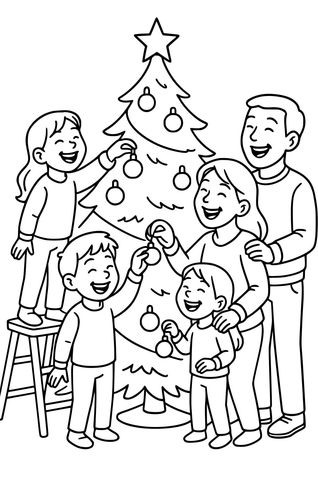 Family decorates a Christmas tree; girl on stool reaches high while parents and two boys hang round ornaments under a star.