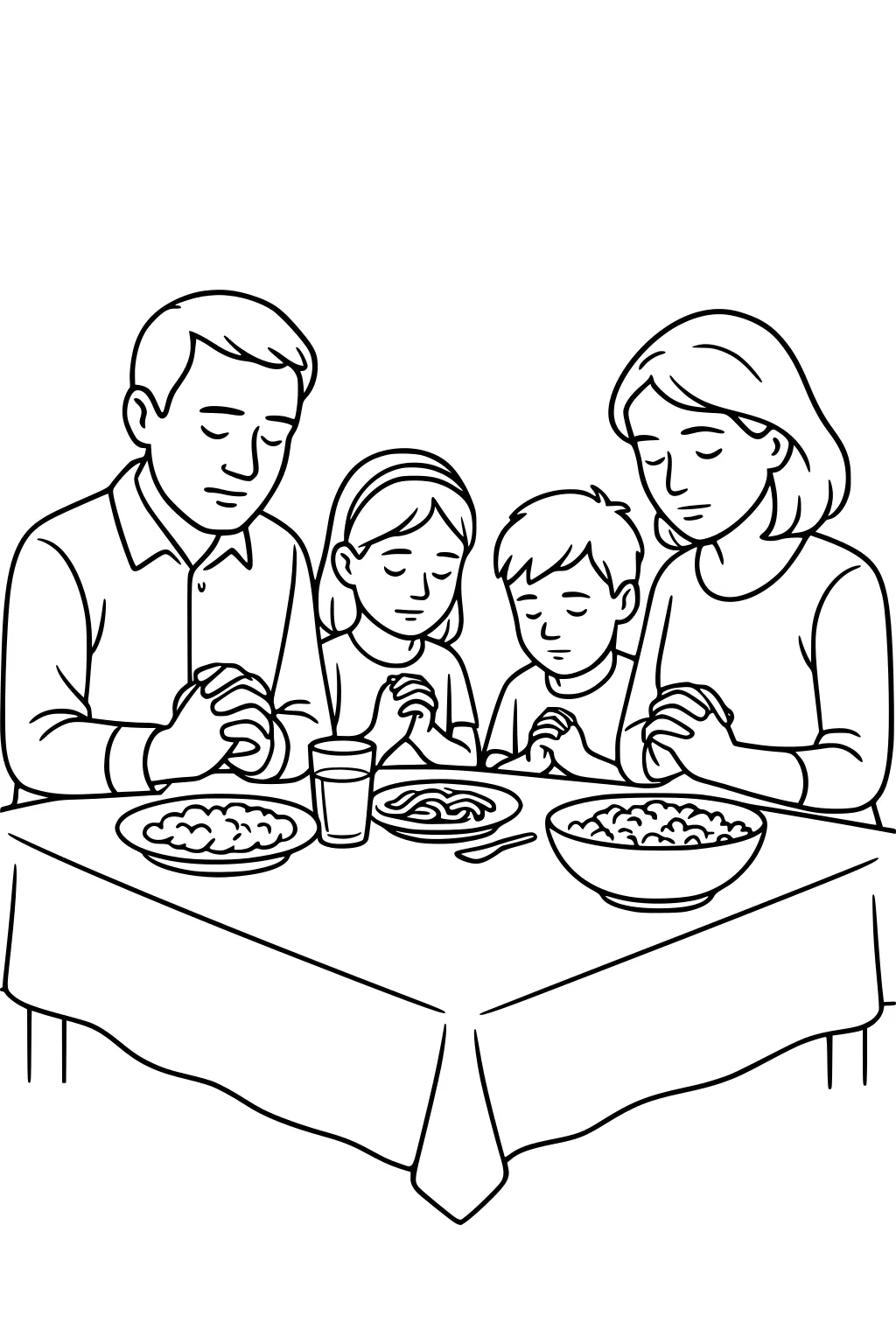 Family of four praying with closed eyes at a table with bowls, a plate, a glass, and a tablecloth.