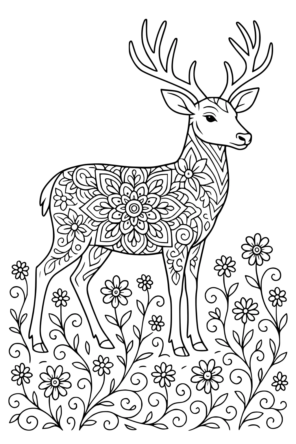 Deer with patterned fur and antlers, standing in tall grass with swirling flowers and leaves all around.