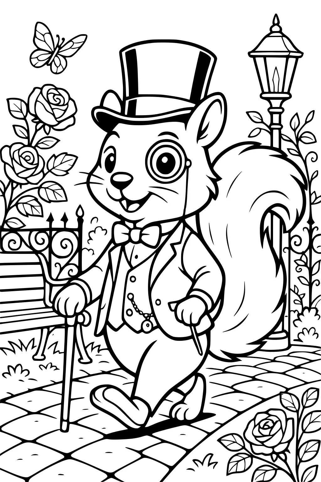 A squirrel in a suit and top hat walks with a cane in a garden surrounded by roses, a bench, and a lamp post.