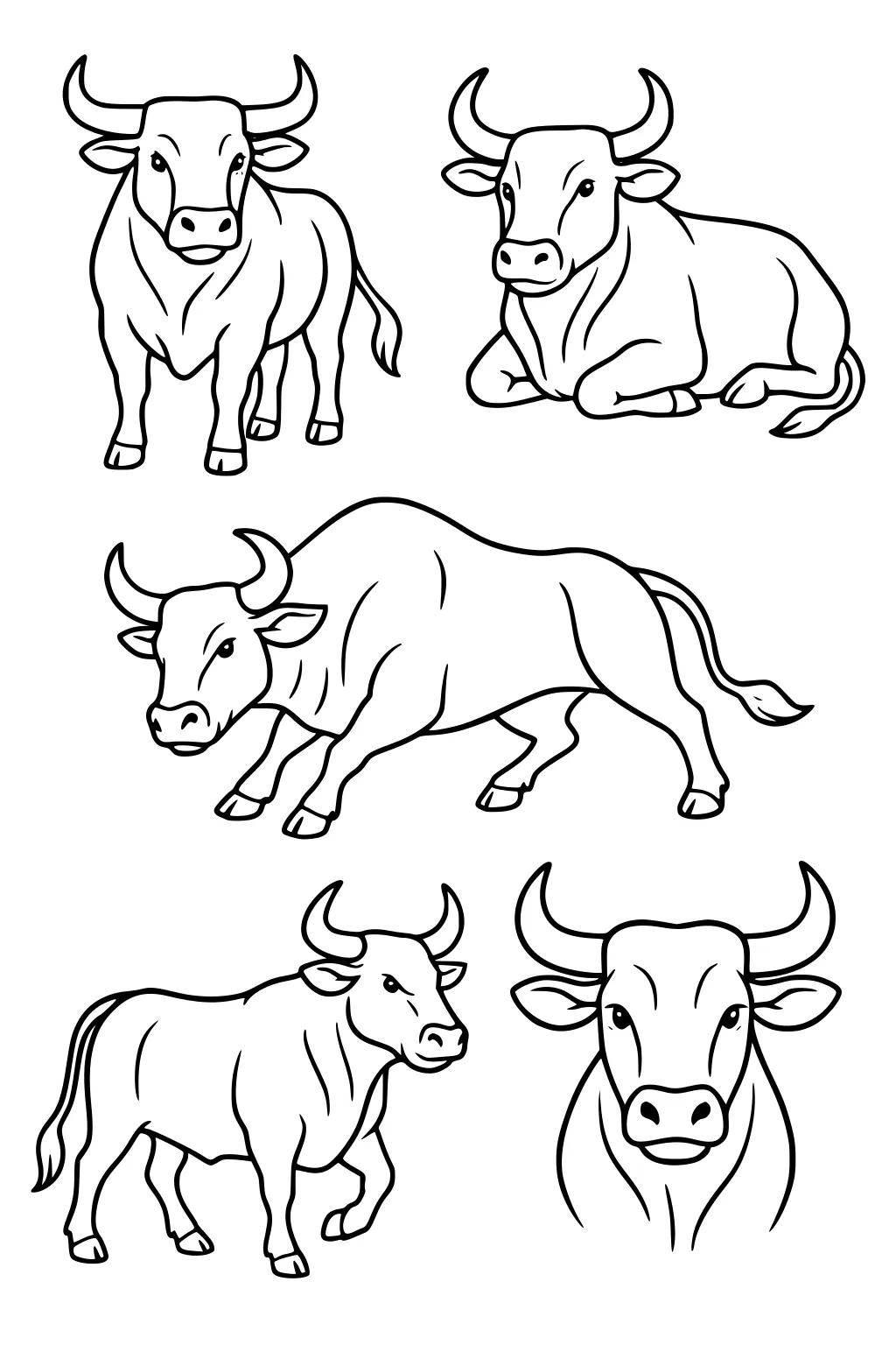 Five outlined bulls with horns in various poses including standing, running, lying down, and a close-up face.