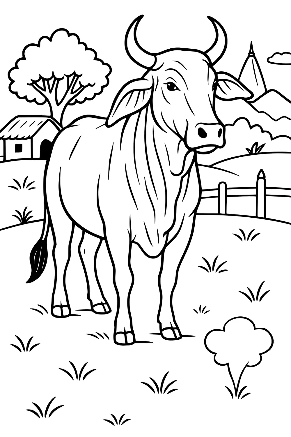 A cow stands in a grassy field with a farmhouse, tree, fence, and mountains behind it under a partly cloudy sky.