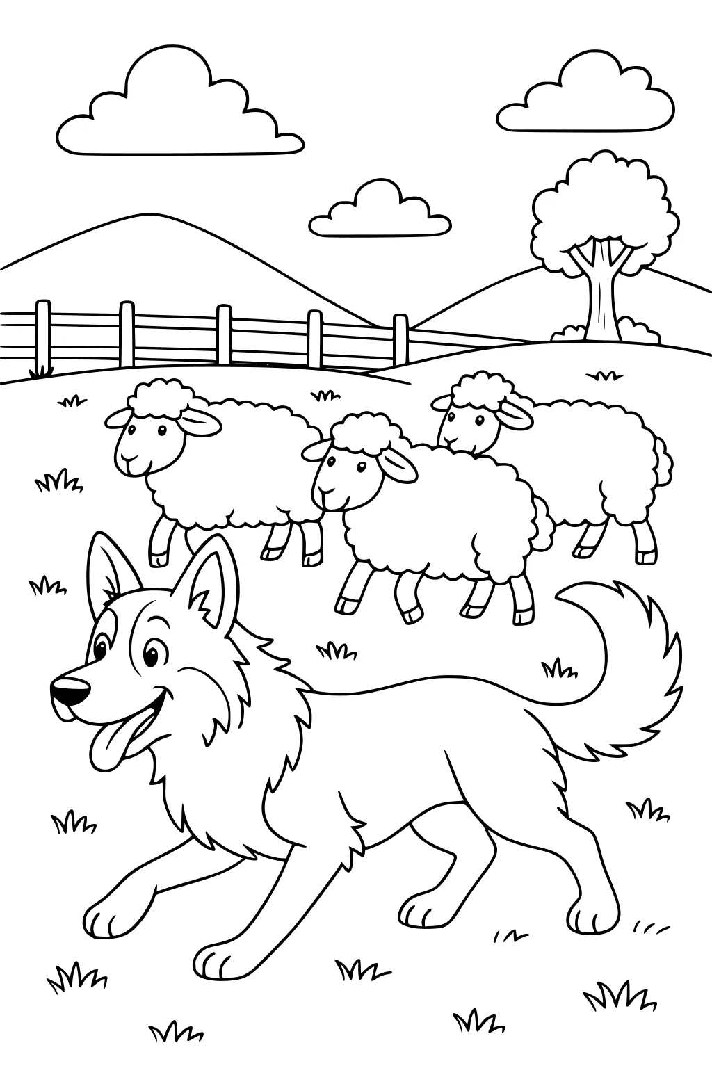 Dog running in grass, three sheep following, hills, fence, clouds, and tree behind them.