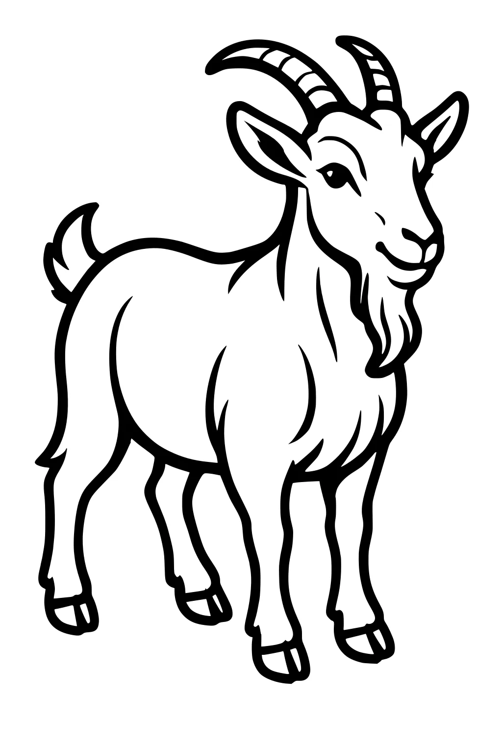 Goat standing on four legs with big horns and beard, facing forward