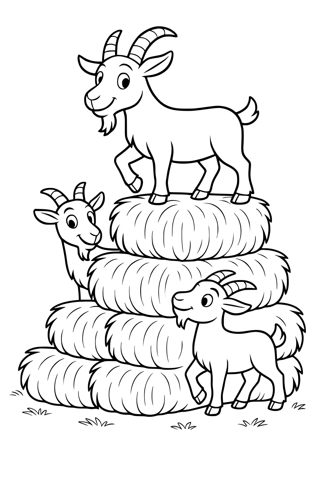 Three cartoon goats stand and play on a tower of round hay bales with tufts of grass scattered below.