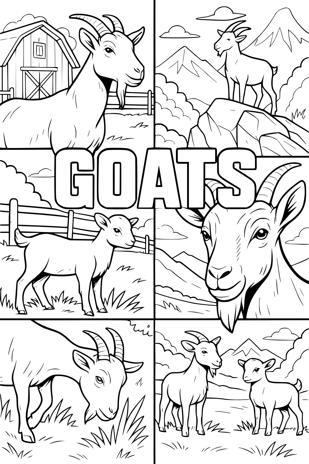 Goats in separate panels by a barn, on rocks, eating grass, and standing in fields with mountains and clouds.