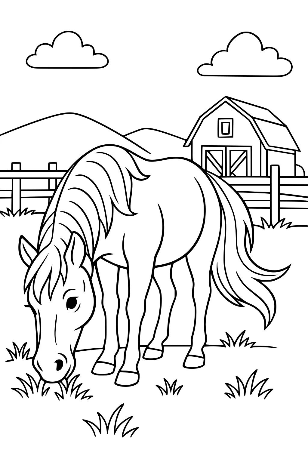 Horse with long mane eating grass in a field, barn and fence in background, hills and clouds in sky.