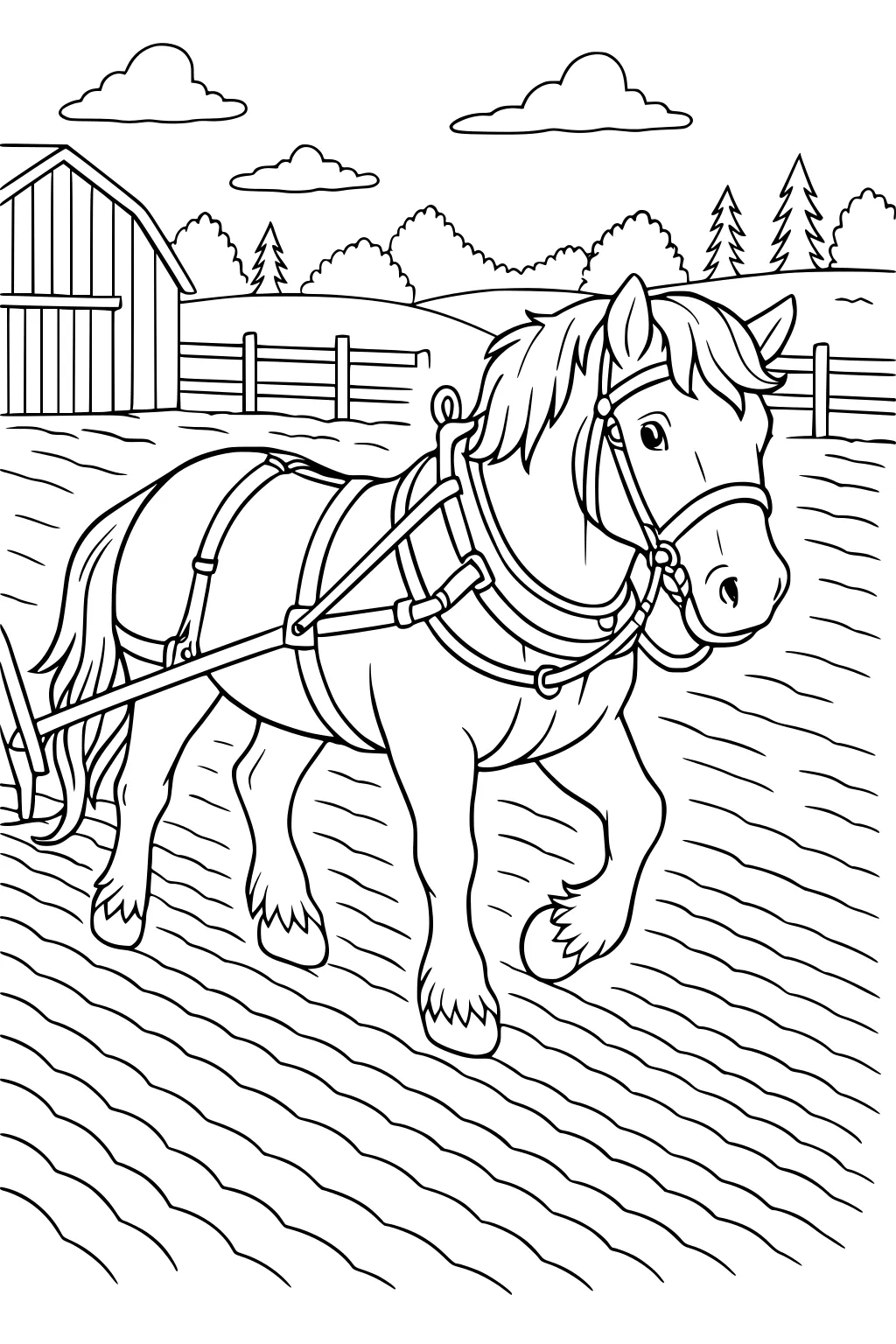 Horse with harness walking in a plowed field with a barn, fence, and trees under a partly cloudy sky.