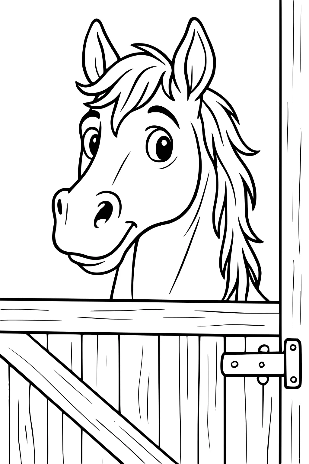 Cartoon horse with big eyes and a wavy mane looking over a wooden barn door with visible hinges.