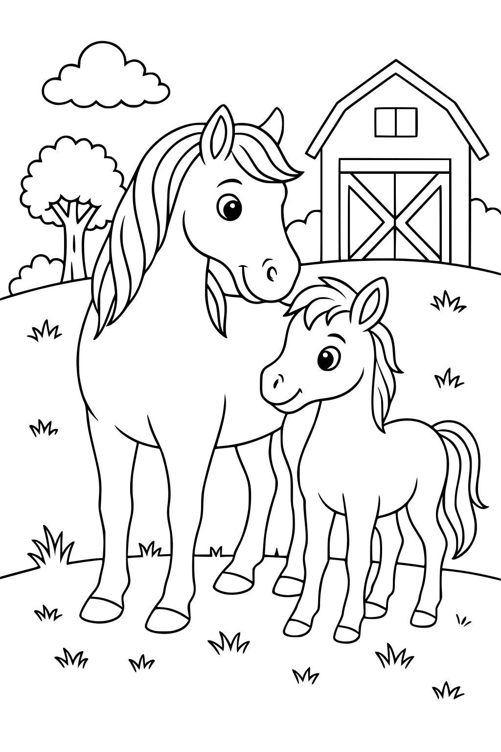 Two cartoon horses standing in front of a barn, with trees, grass, and clouds on a rolling hill.