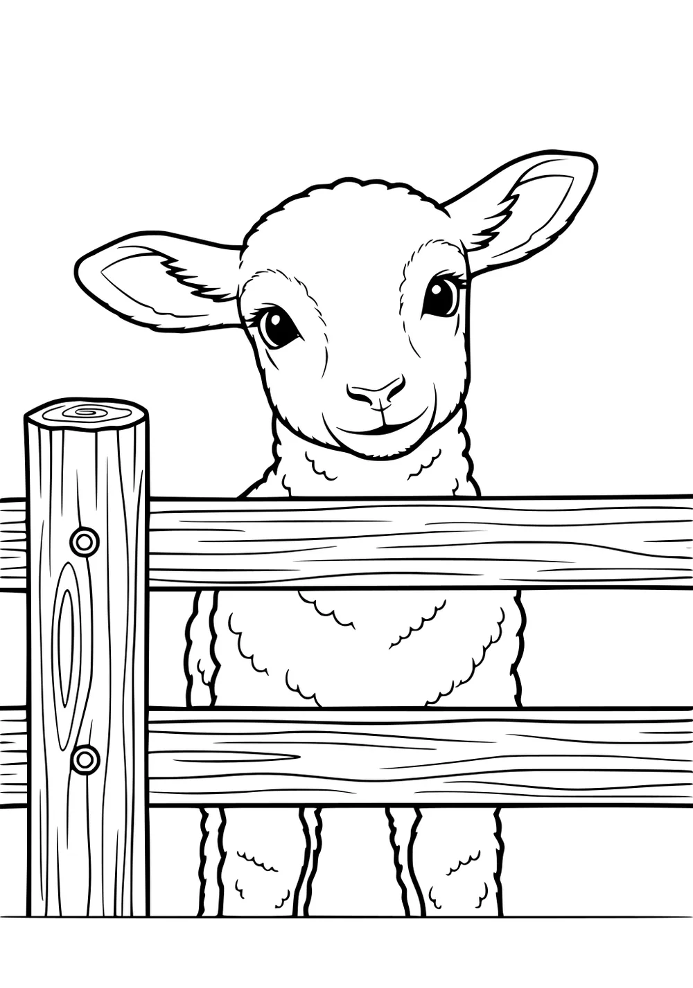 A fluffy lamb standing behind a wooden fence, facing forward with big eyes and large ears.