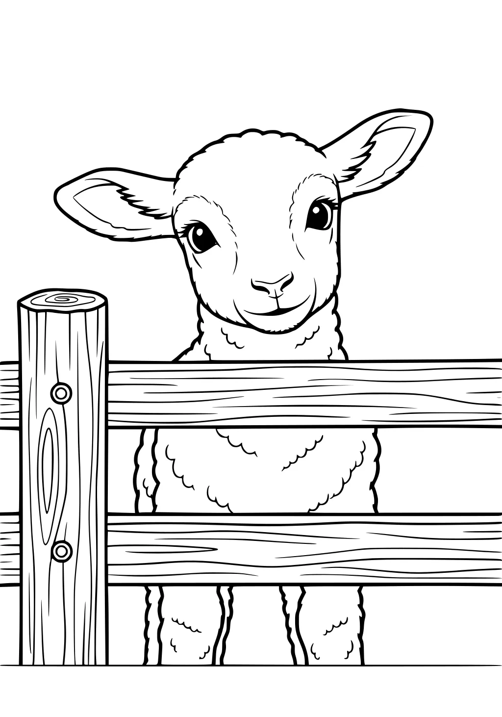 A fluffy lamb standing behind a wooden fence, facing forward with big eyes and large ears.