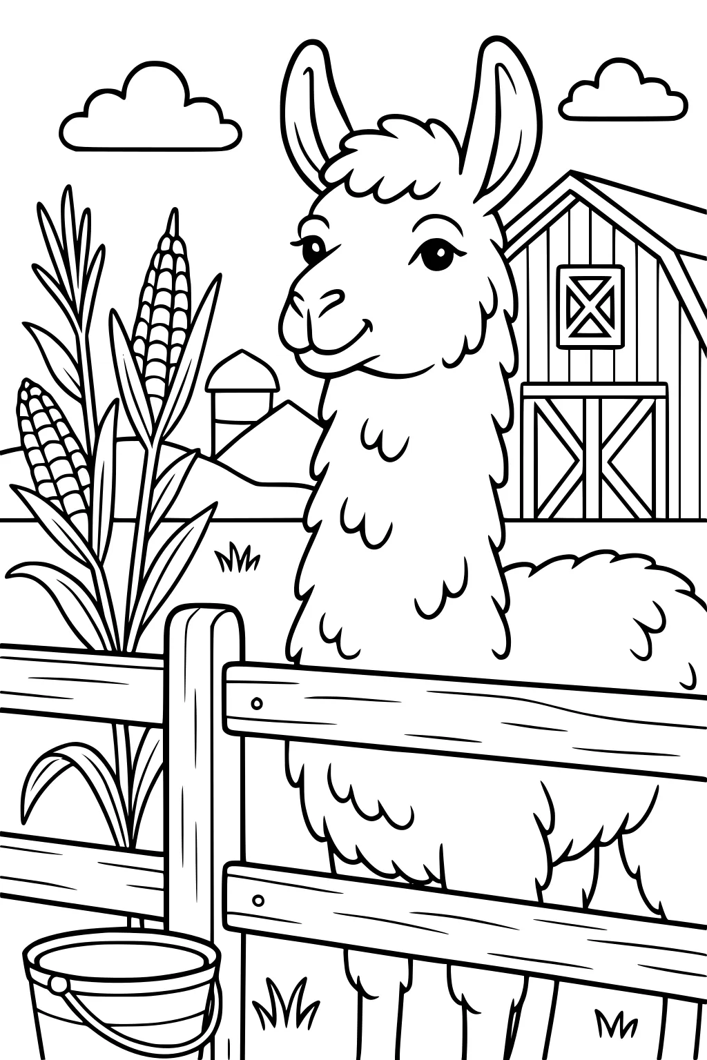 Llama with fluffy fur stands behind a wooden fence. Barn, cornstalks, bucket, and clouds in the farm scene.