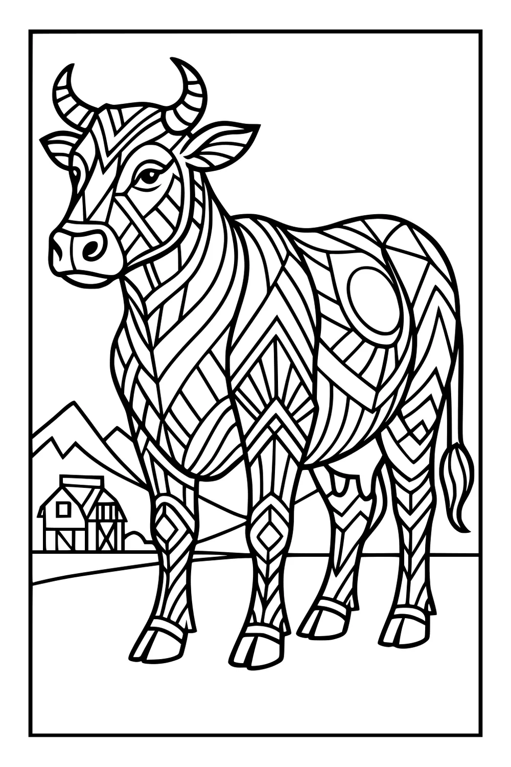 Cow filled with geometric patterns, standing in a field with a barn, hills, and mountains in the distance.