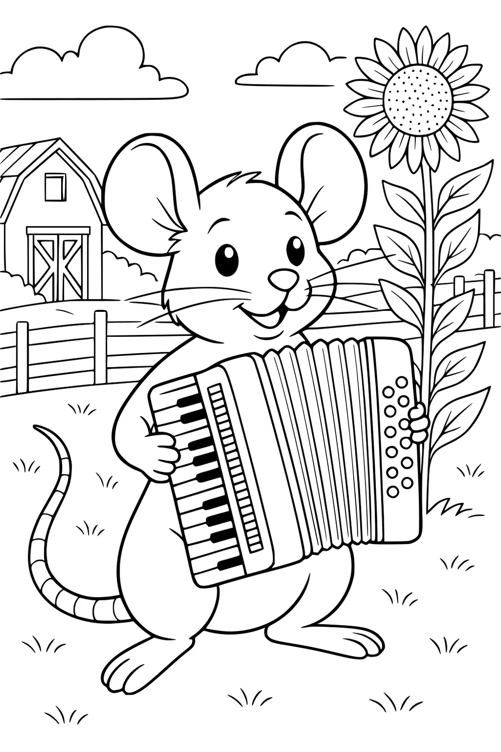 A smiling mouse playing an accordion, standing on grass beside a large sunflower with a barn and fence in the background.