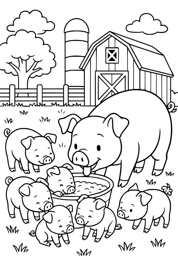 Piglets and Mama Enjoy Farm Breakfast