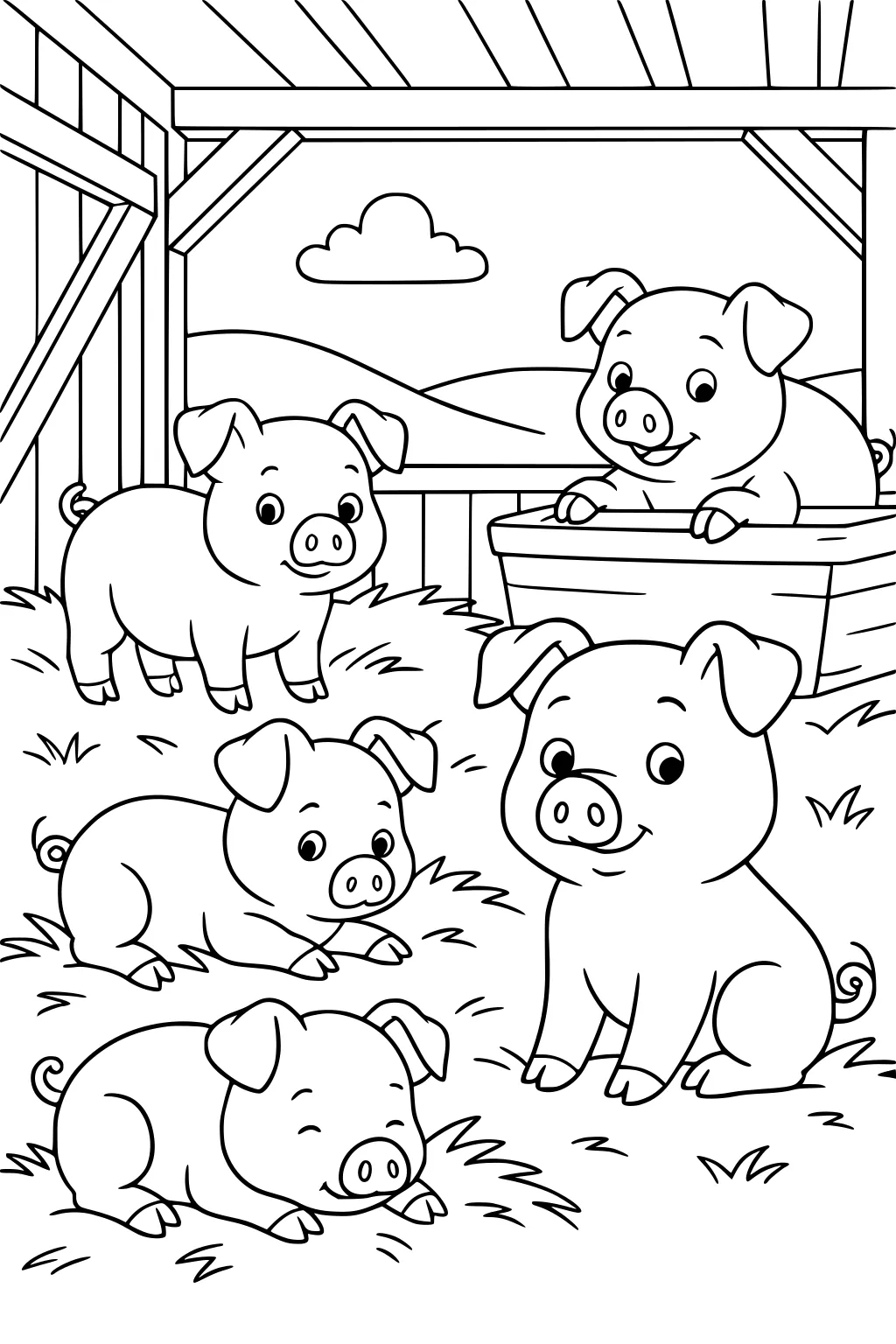 Four piglets in a barnyard. Two are lying on straw, one stands, and another leans over a wooden trough. A barn and hills are visible.