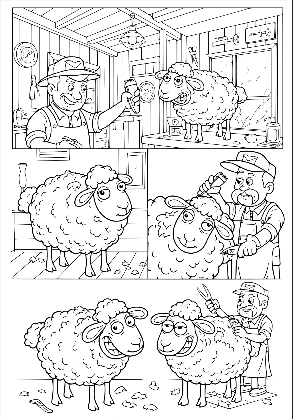 Farmer shearing sheep in a wooden barn with wool on the floor, clippers, tools on the wall, and a window showing mountains.