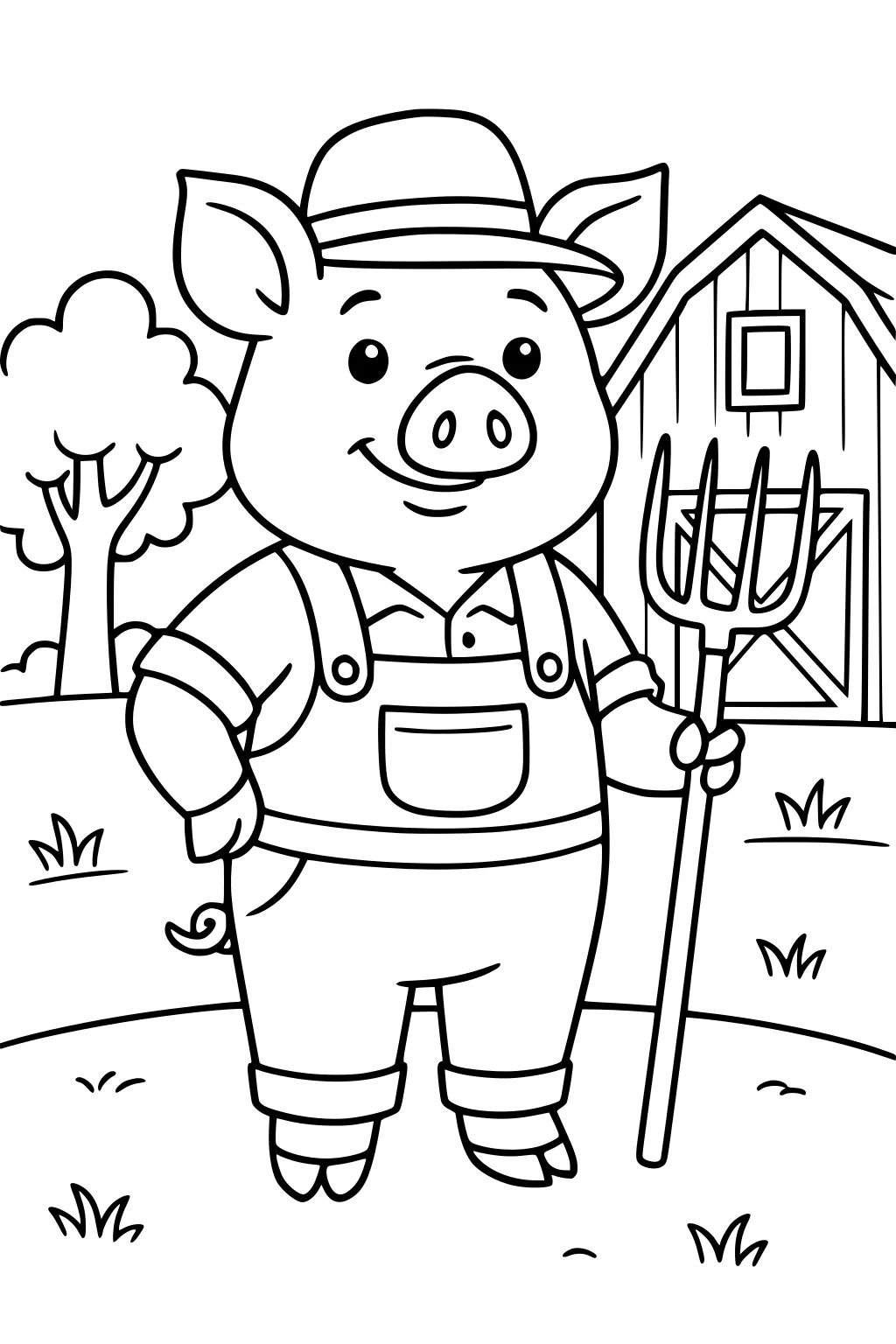 Pig in overalls and hat holding pitchfork on farm, barn and tree in background.