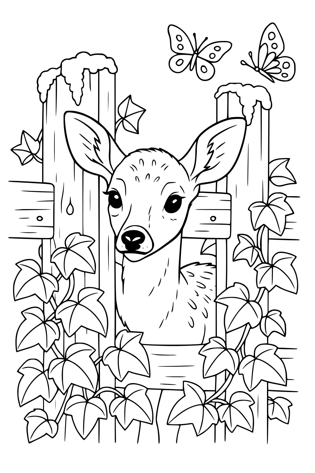 A young deer looks through a wooden fence with ivy leaves climbing up and two butterflies above her head.