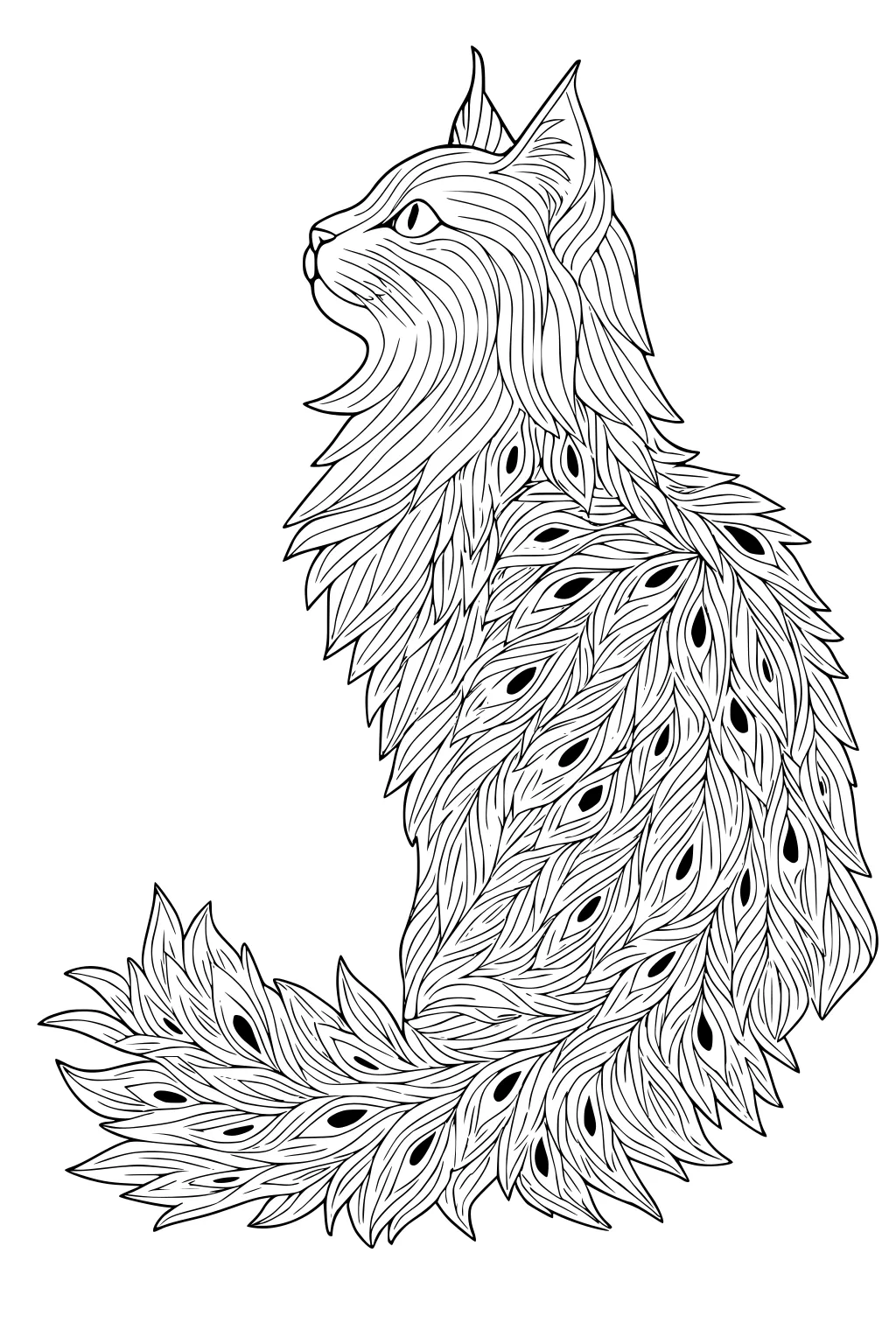 Outline of a sitting cat with fur made of feather-shaped patterns covering its body and tail.