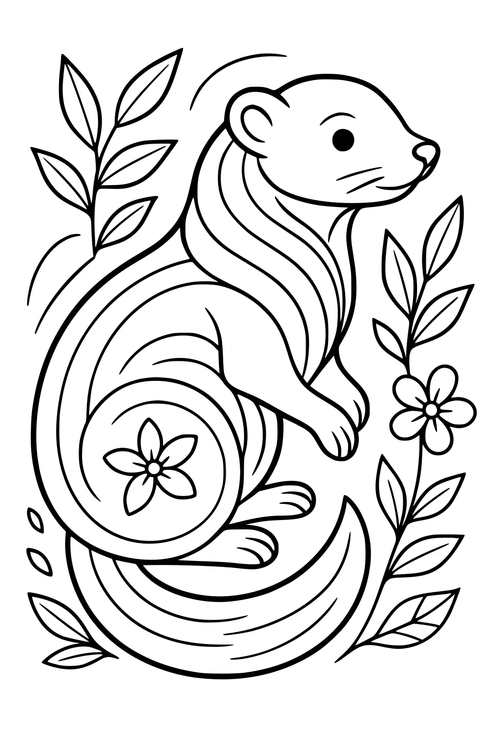 Ferret with swirled fur and long curled tail, sitting among leaves and flowers, outlined in black line art.