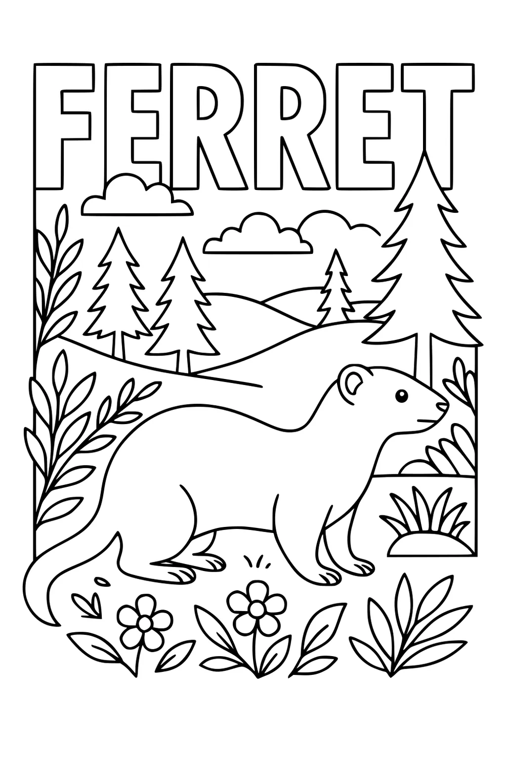 Outlined ferret standing in a grassy field with flowers, pine trees, clouds, and large 'FERRET' text above.