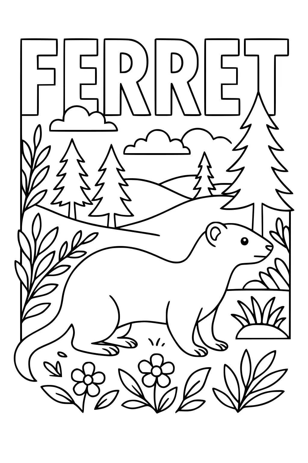 Outlined ferret standing in a grassy field with flowers, pine trees, clouds, and large 'FERRET' text above.